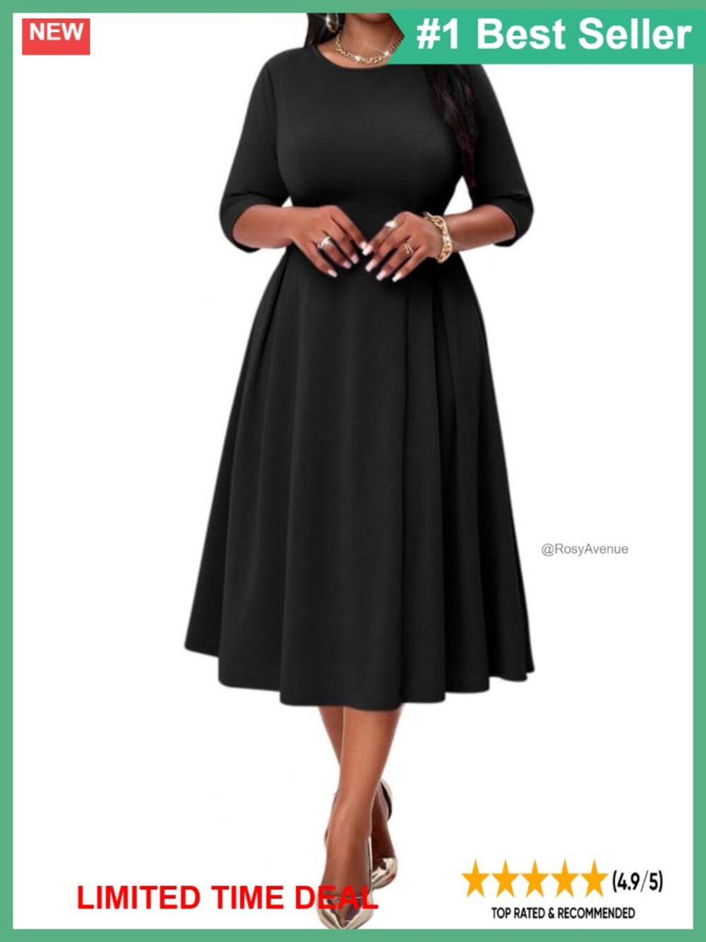 Womens Midi Cocktail Dress 3/4 Sleeve A-Line Pockets Empire Waist Office